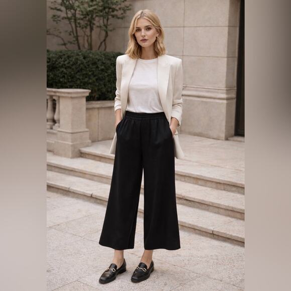 T by Alexander Wang Pants - Alexander Wang Designer Wide Leg High Waisted Pull On Pants Old Money Blk Size L